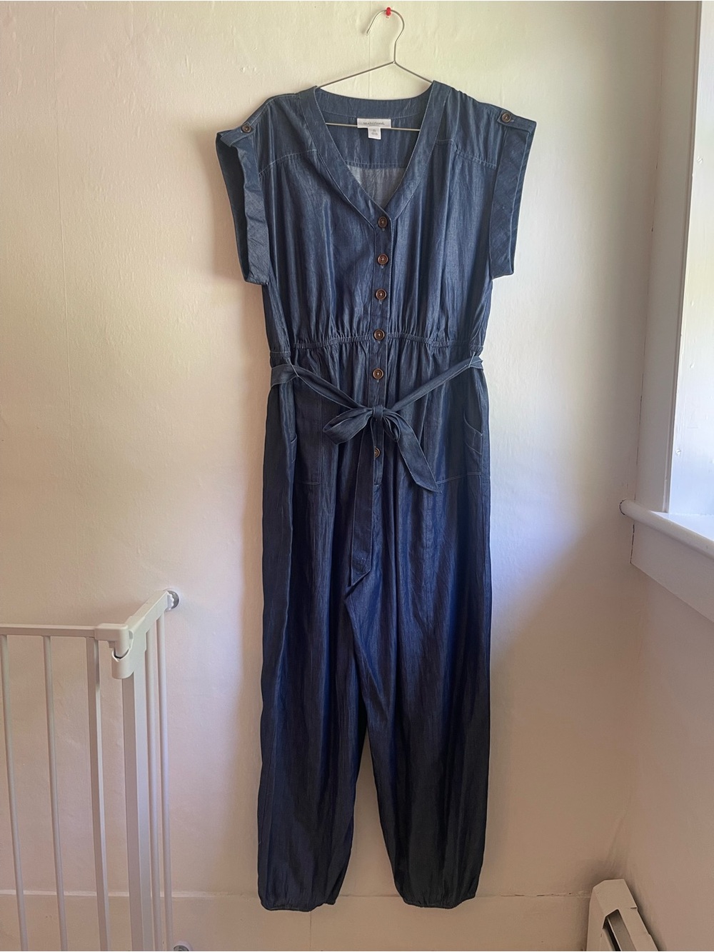 Motherhood Indigo Button-Front Sleeveless Jumpsuit with Tie Waist